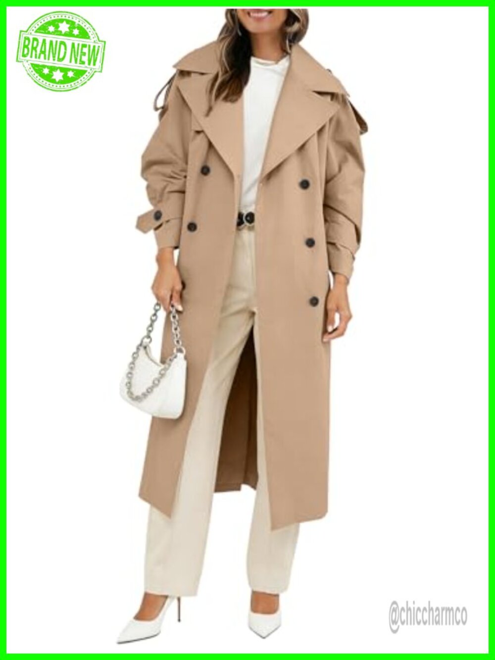 Oversized Long Trench Coat with Belt for Women - 100% Polyester, Windproof,